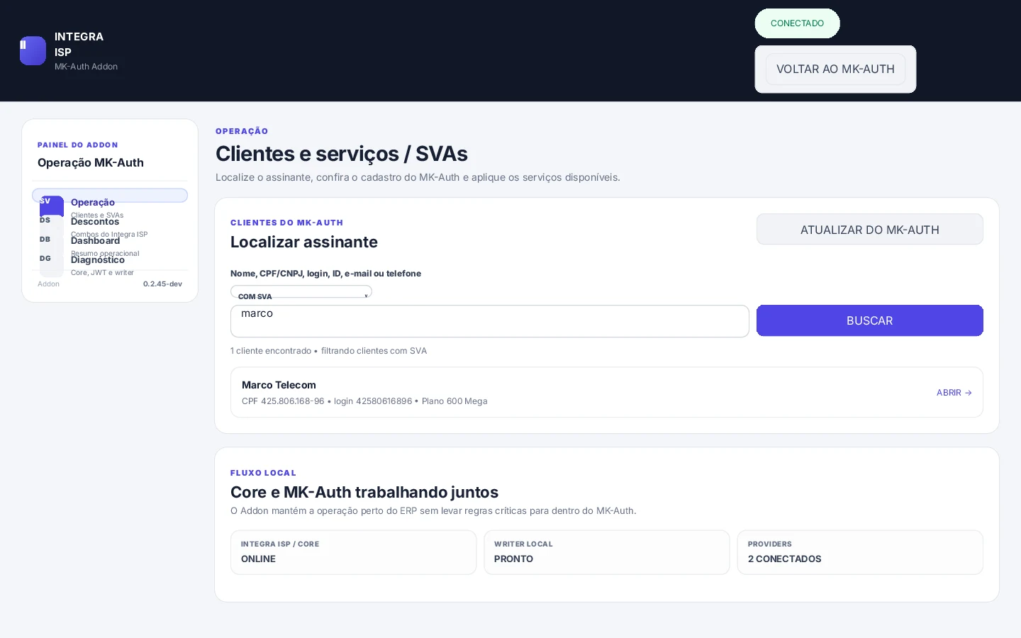 Addon MK-Auth do Integra ISP com clientes e SVAs