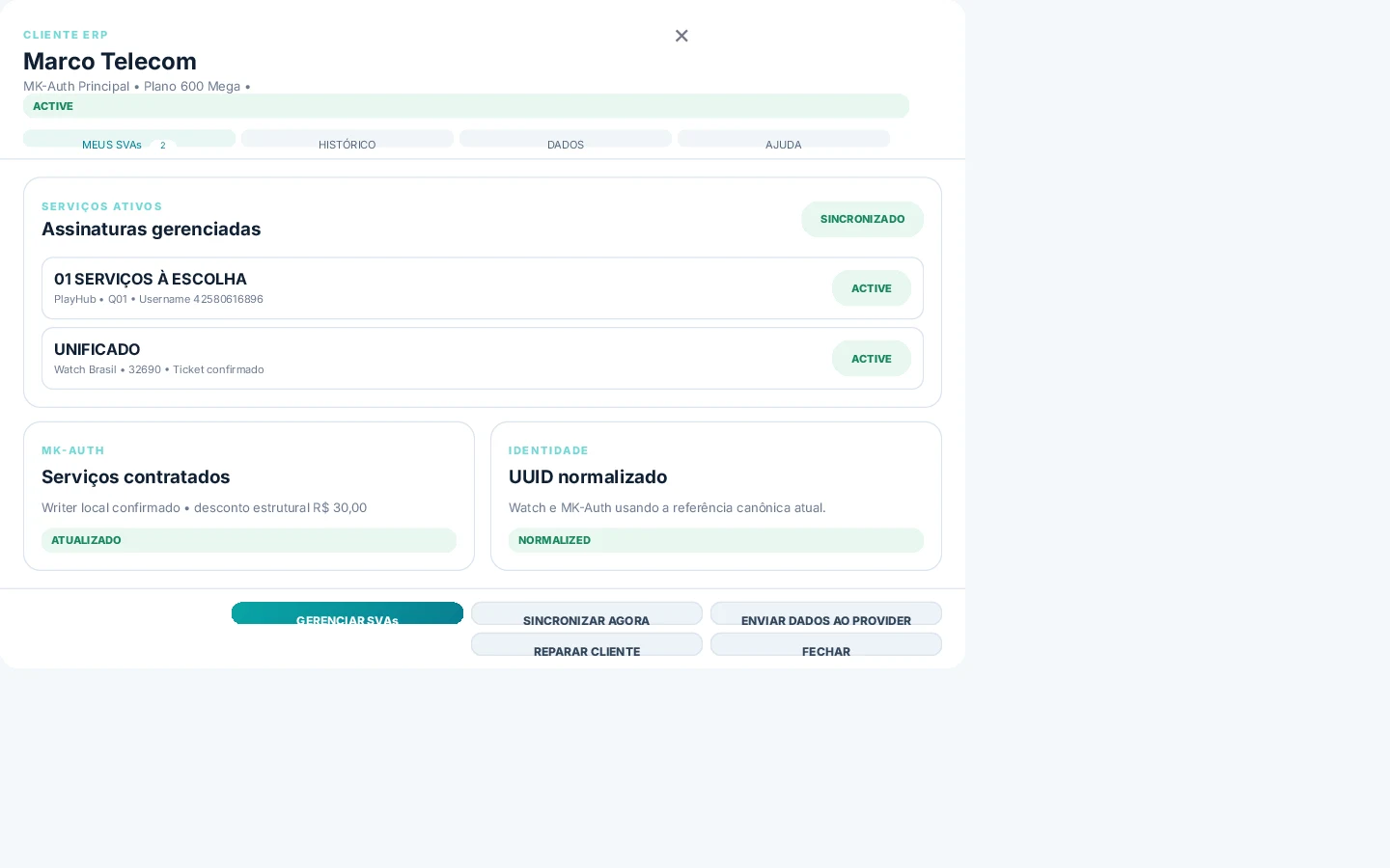 Detalhes do cliente com SVAs no Tenant Integra ISP